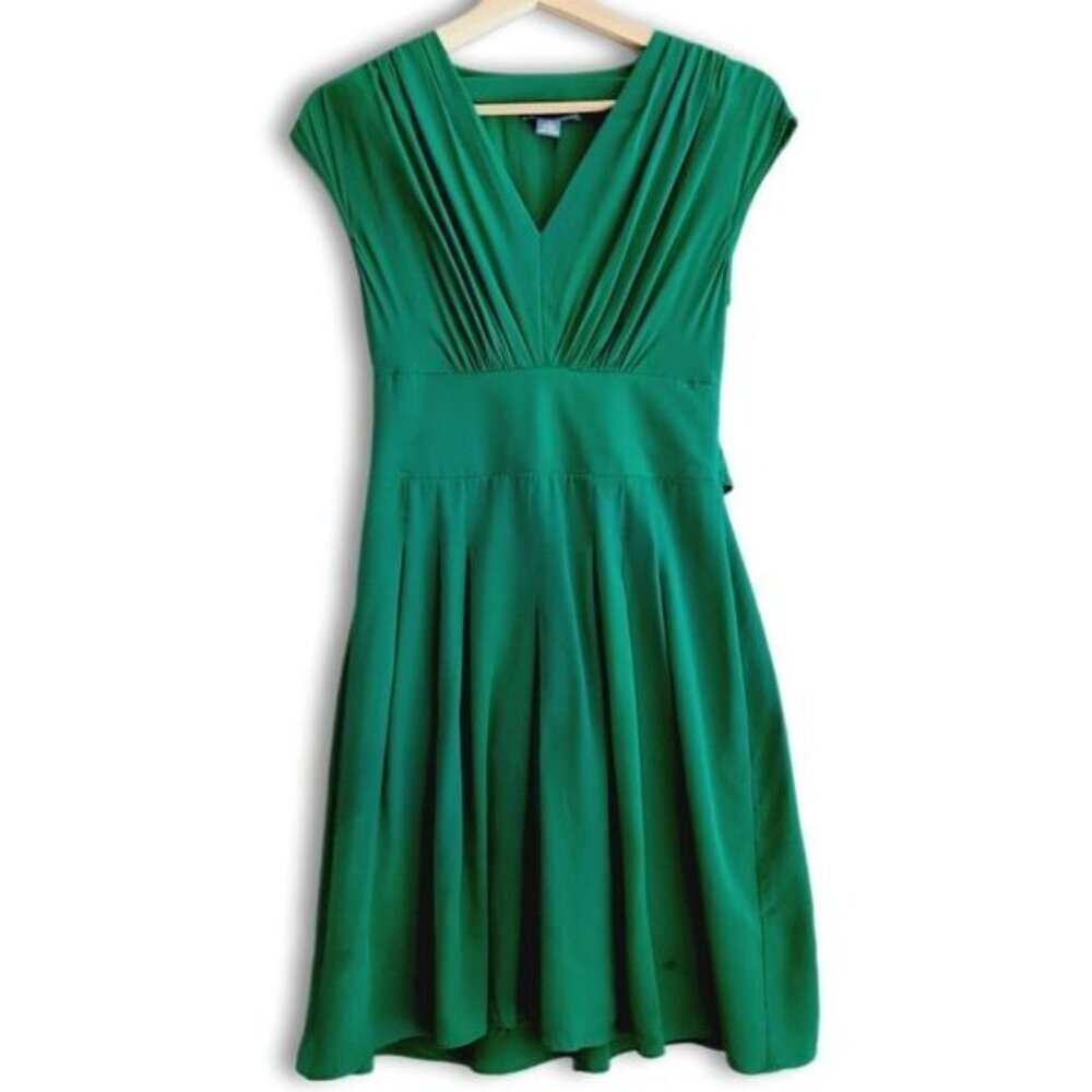 LIL / DIL Anthropologie 100% Silk V-Neck Tie Back Dress Kelly Green Sz XS Flawed
